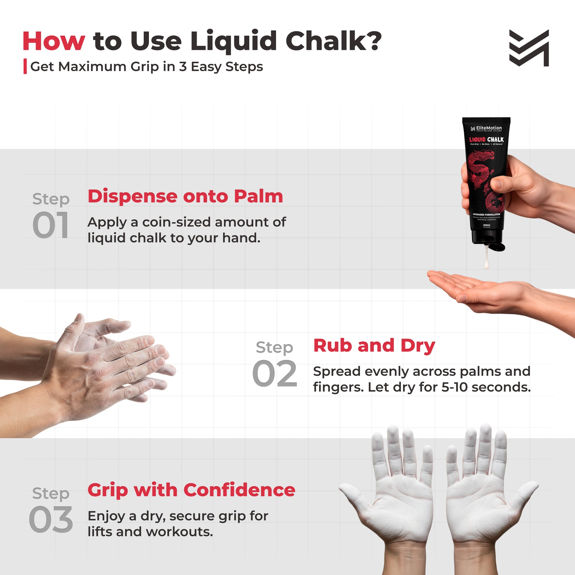 EliteMotion™ Liquid Chalk for Gym | Strong Grip, Sweat-Proof, No-Mess | Powerlifting, Climbing, CrossFit, Gymnastics (200ml Tube)