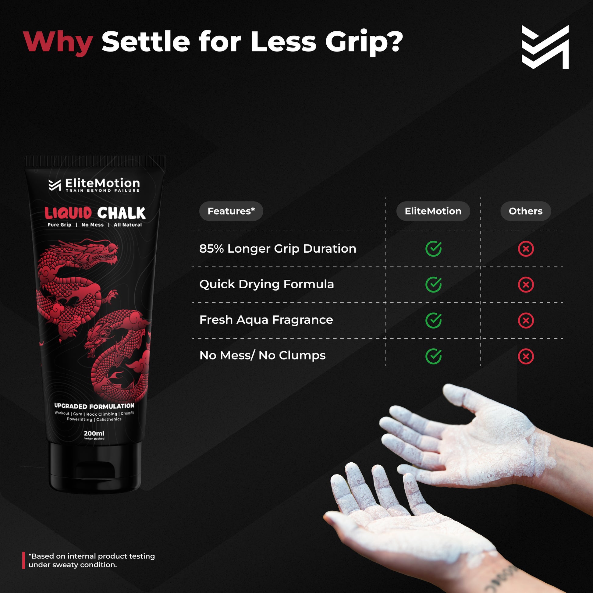 EliteMotion™ Liquid Chalk for Gym (200ml Tube) | Strong Grip, Sweat-Proof, No Mess Chalk | Powerlifting, Rock Climbing, CrossFit, Gymnastics