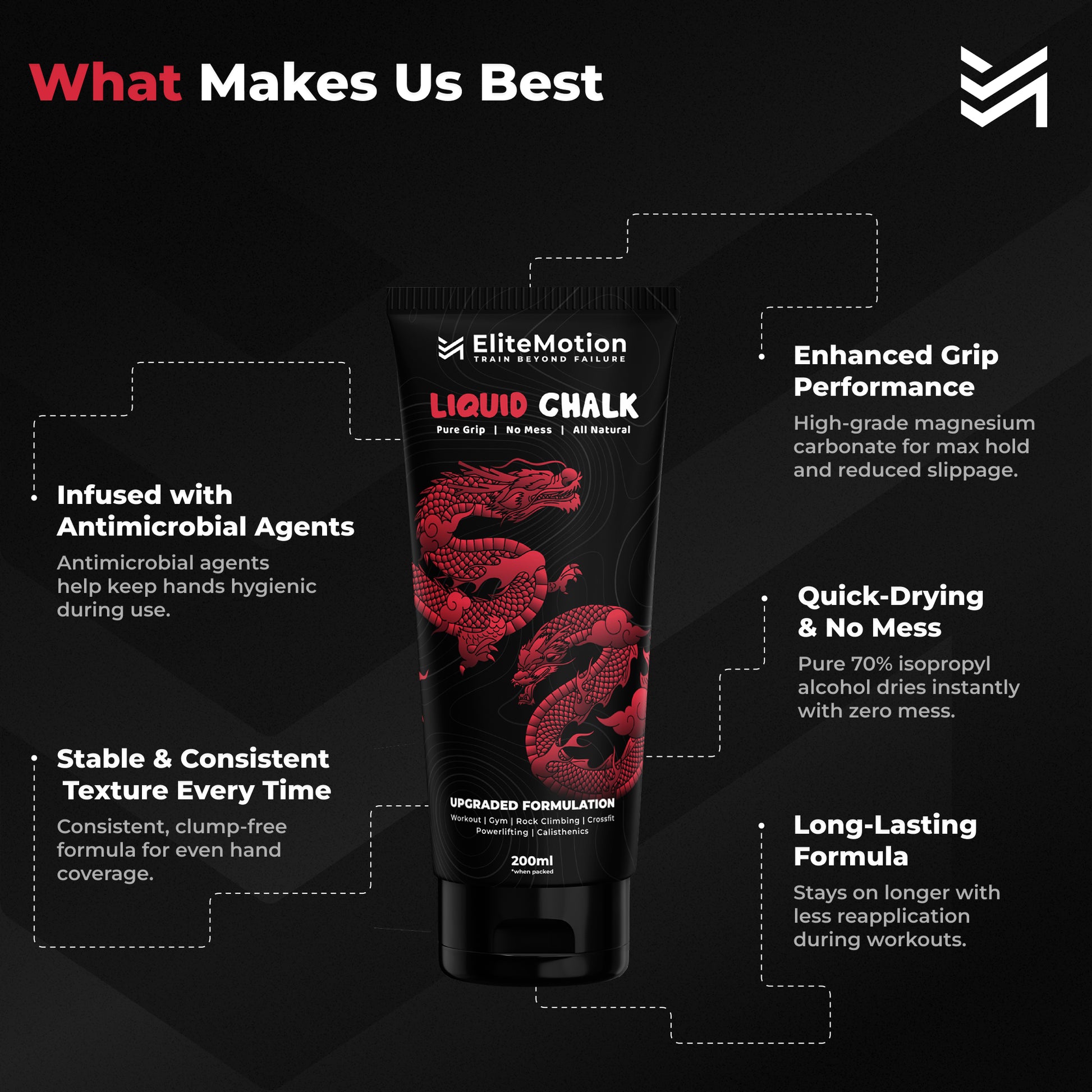 EliteMotion™ Liquid Chalk for Gym (200ml Tube) | Strong Grip, Sweat-Proof, No Mess Chalk | Powerlifting, Rock Climbing, CrossFit, Gymnastics